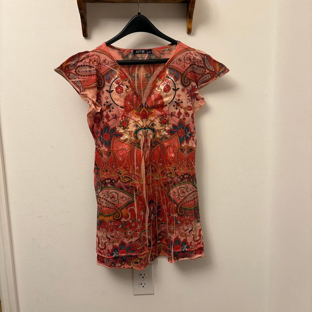 APT. 9 Boho Paisley Medallion Floral Tunic Top Small Y2K Artsy Embellished Pink